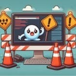 Sad figure on computer screen with traffic cones