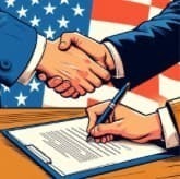 handshake with American flag in background