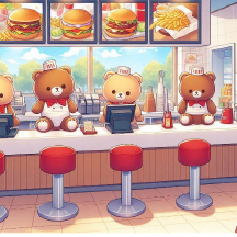 Teddy bears sitting on a restaurant counter