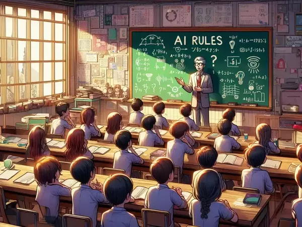 Students in a classroom with the instructor in front of a green chalkboard that says "AI Rules"