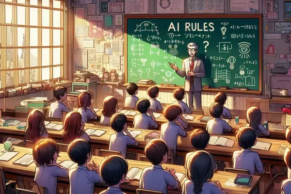 Students in a classroom with the instructor in front of a green chalkboard that says "AI Rules"