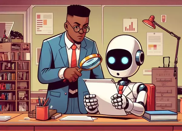 An instructor holding a magnifying glass and leaning over a robot holding a paper as if he was investigating the paper.