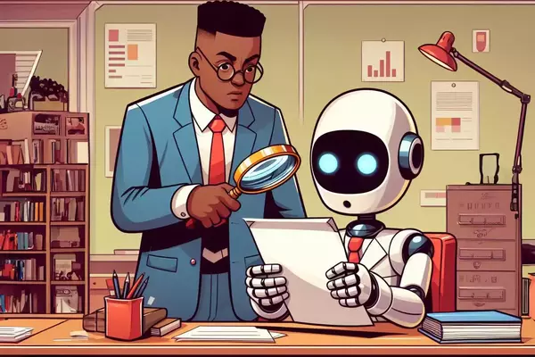 An instructor holding a magnifying glass and leaning over a robot holding a paper as if he was investigating the paper.