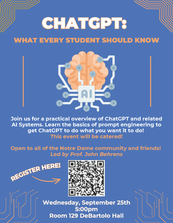 Poster advertising "ChatGPT What Every Student Should Know" event on September 25, 2024 at 5:00 pm in 129 Debartolo Hall