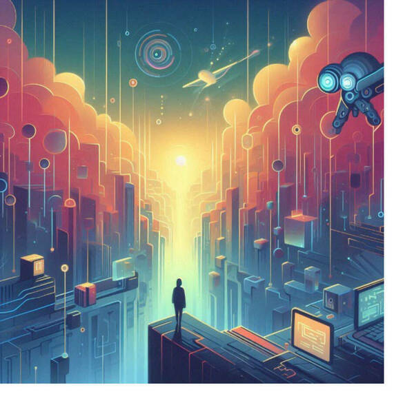 AI generated person standing on a ledge looking out into the world