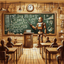Robot teacher pointing to a chalkboard with equations on it. Students watching.