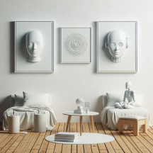Apartment with two twin beds. Above one of the beds is a wall hanging picturing a human head. A robot is sitting on the other bed and the wall hanging above it is a robot head.