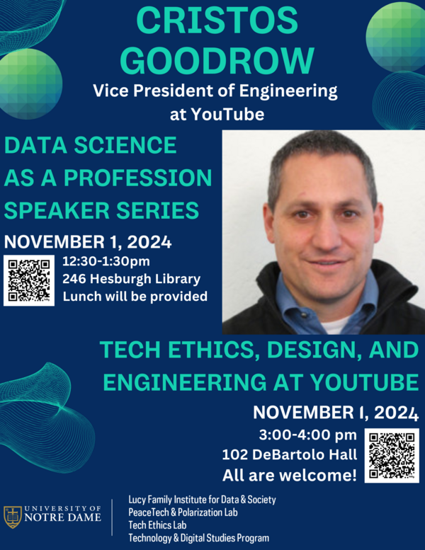 Poster advertising 2 talks by Cristos Goodrow, Vice President of Engineering at YouTube.