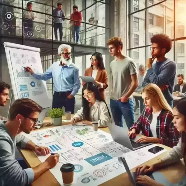 A diverse team collaborates on a project in a modern office. A gray-haired man points to a whiteboard with charts and graphs while the team members, seated and standing around a table, discuss the project, referencing large paper diagrams with notes and sketches.  Other team members are visible working in the background on a raised walkway.