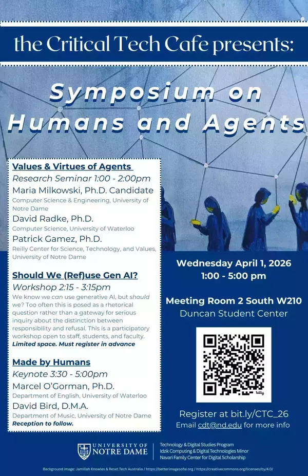 Symposium on Humans and Agents. Abstract blue figures with yellow glowing screens, connected by a network of lines.