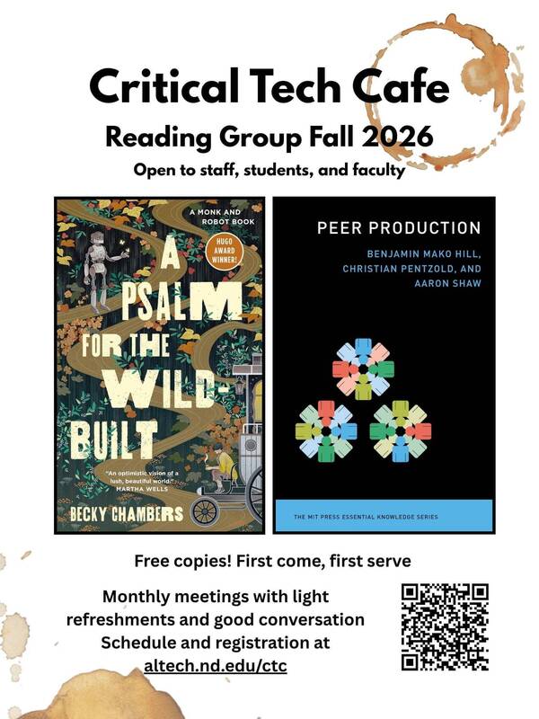 Critical Tech Cafe Fall 2026 flyer: 'Wild-Built' (robot, person in nature) & 'Peer Production' (colorful figures of people).